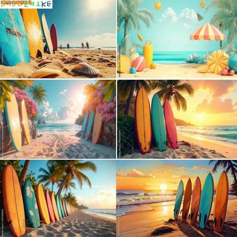 

Colorful Surfboard Palm Trees White Sand Blue Water Summer Beautiful Tropical Beach And Sea Landscape Photo Background FN-01