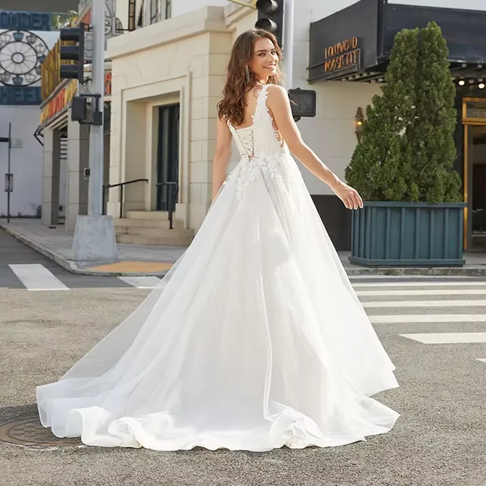 Customized Square Neck Long Decal A-line Luxurious Chiffon Lace Wedding Dress For Woman Bride Party Dress Bridal Gown