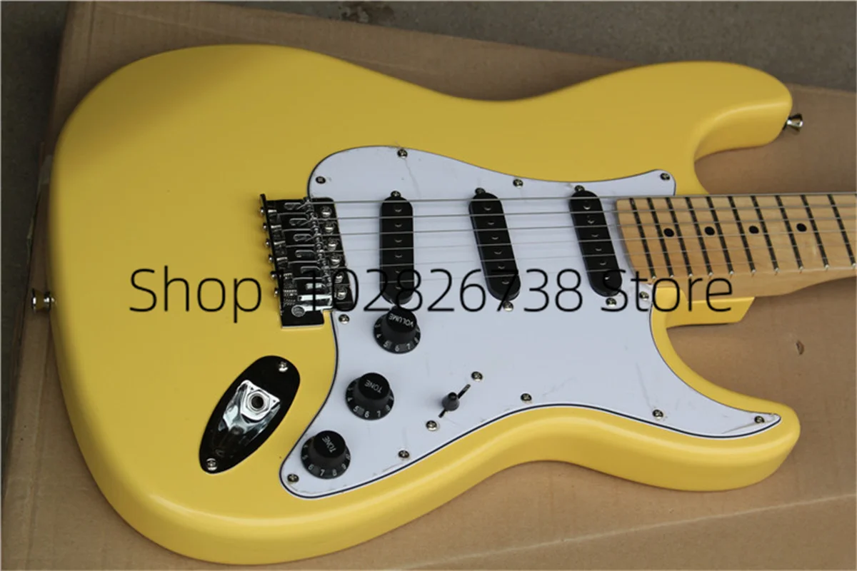 Stra Electric Guitar Yellow Body Black SSS Pickups White Guard Maple Fingerbard Factory Custom