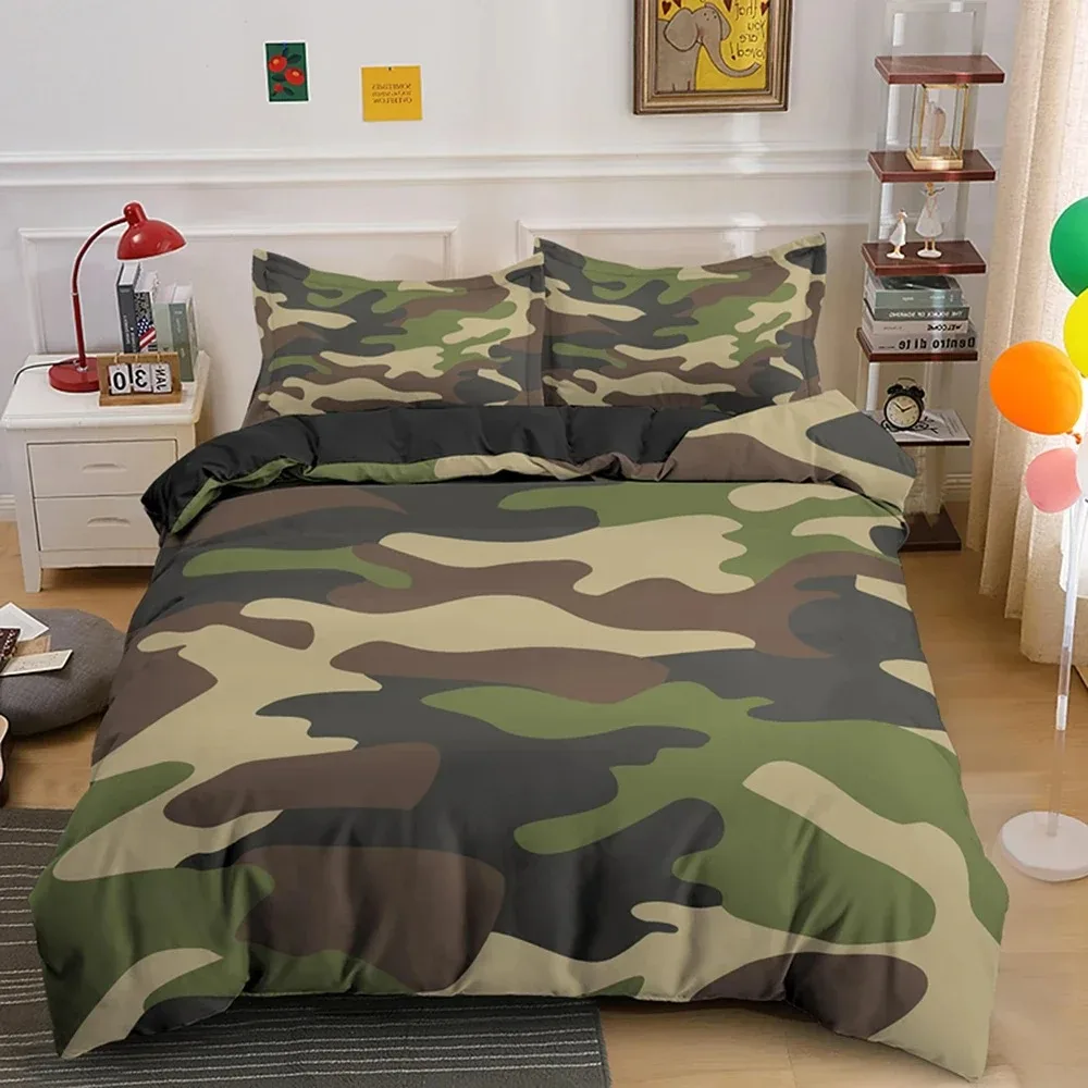 Fotografia 5: Conjuntos de cama camuflados, 2/3 peças, lençóis macios e capas de edredom, confortáveis e adoráveis, adequados para todas as idades