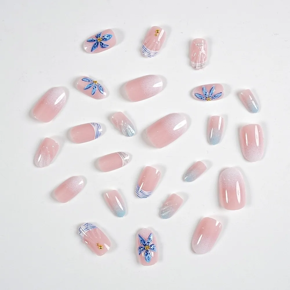 

24Pcs French 3D Gel False Nail Full Cover Flower Press on Nails Wearable Pearl Fake Nail Tips Women
