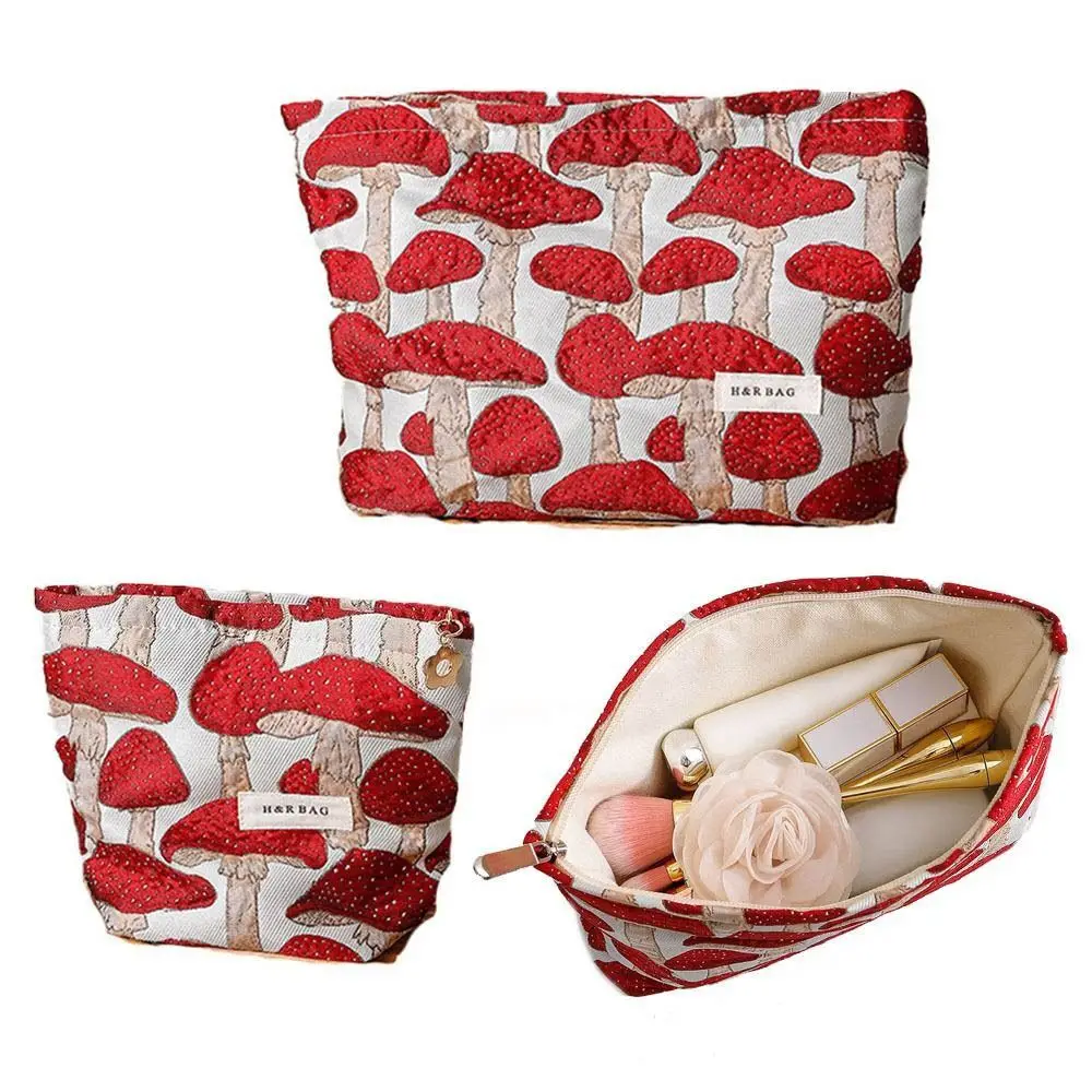 Artistic Canvas Makeup Bag M/L Size Red Mushroom Printing Storage Bag Washing Portable Handbag Skin Care Products Storage