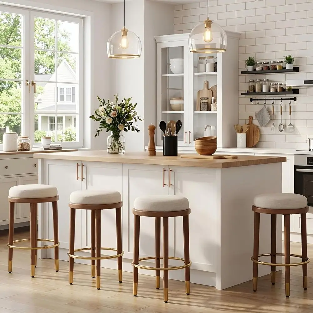 

Набор из 4-х бежевых деревянных барных стульев в рустикальном стиле, высота 26 дюймов, с обивкой из льняной ткани, металлические золотистые ножки