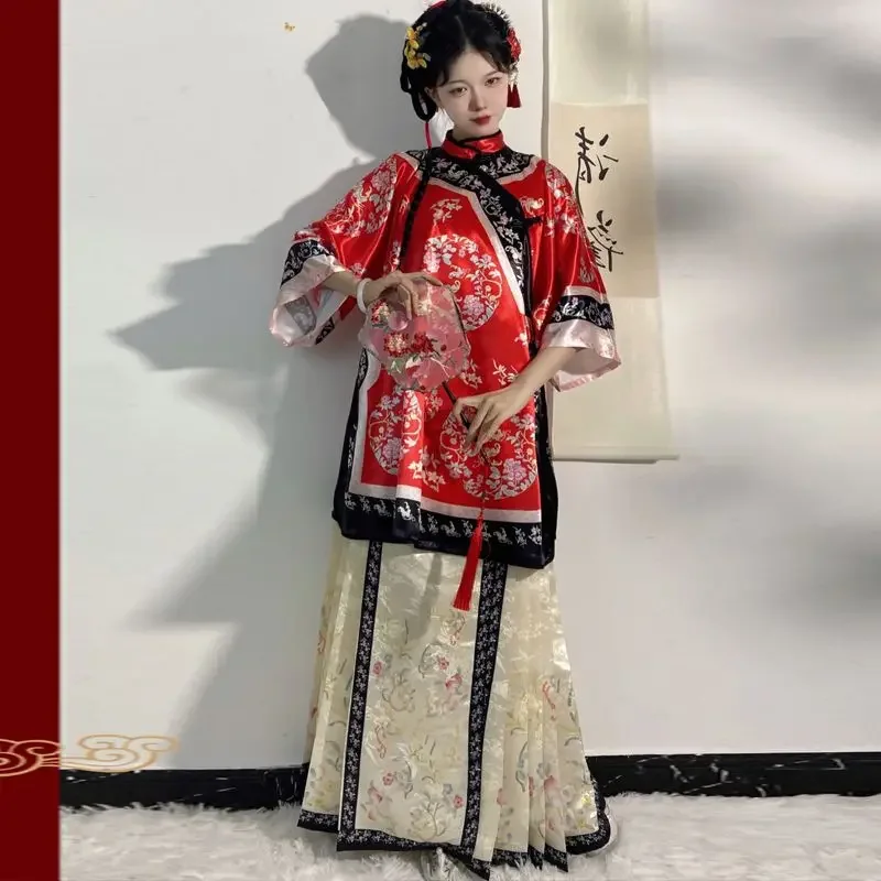 Chinese Traditional Women Qipao Cyan Stand Up Collar Long Sleeved Top Beige Printed Horse Faced Skirt Ancient Hanfu Clothing