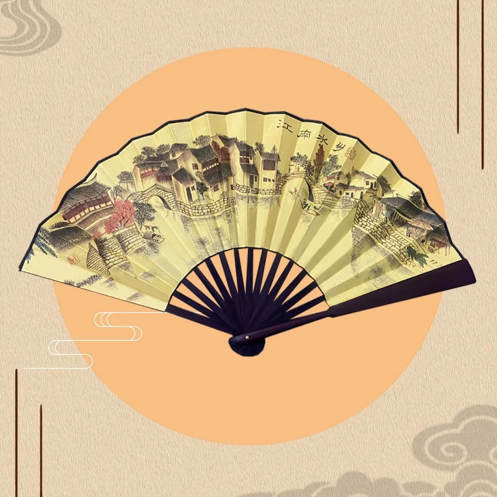 Bamboo Handle Folding Fan Chinese Retro Style Silk Cloth Hand Fan Laser Engraving Traditional Chinese Painting Bamboo Fan