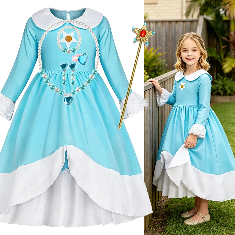 Blue Fairy Costume Girl Peter Pan Collar Girls Dress Long Sleeve Princess Birthday Party Kids Halloween Costumes Cosplay