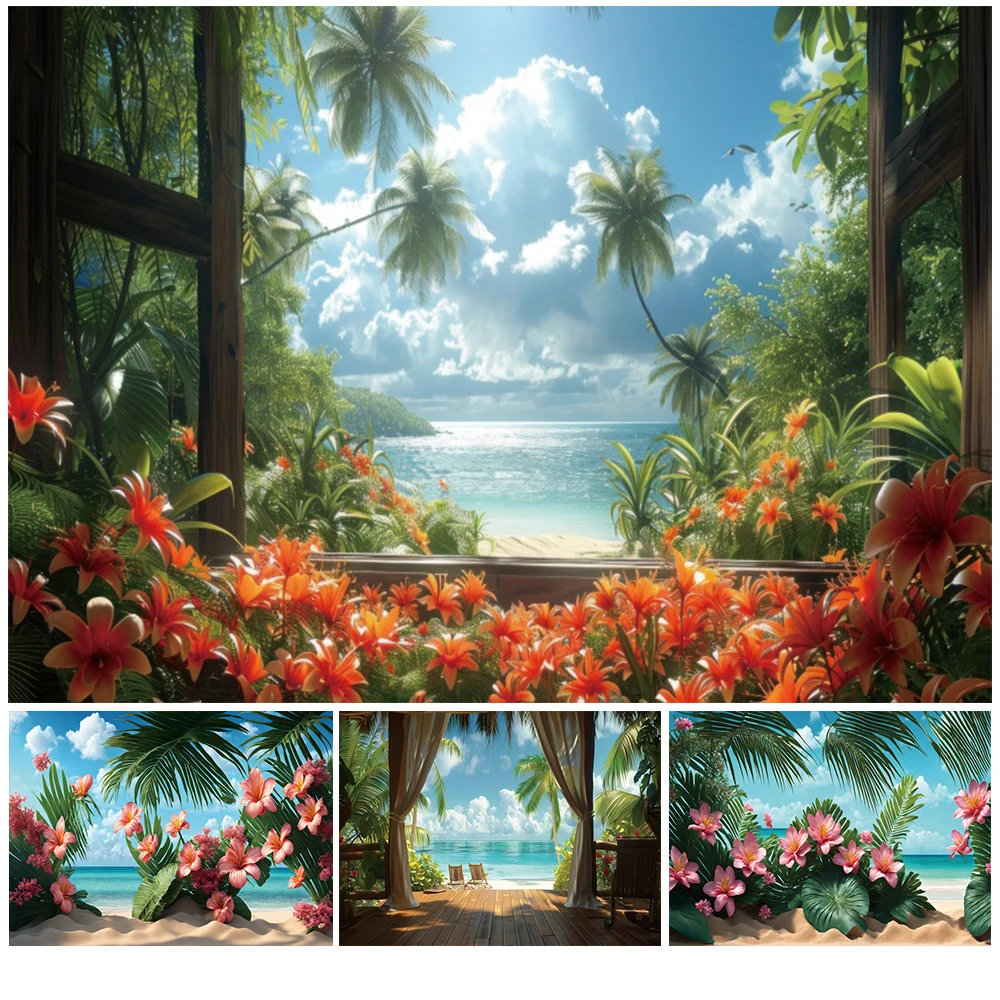 

Summer Seaside Photography Backdrop Tropical Beach Island Palm Leaf Ocean Holiday Wedding Kids Birthday Party Photo Background