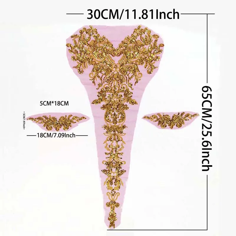 3-teiliges Set, Goldene Pailletten-Blumen-Stickerei-Spitzenapplikation zum Aufnähen, Exquisite Verzierung, Nähzubehör für Hochzeitskleider, Mieder – Detail 1