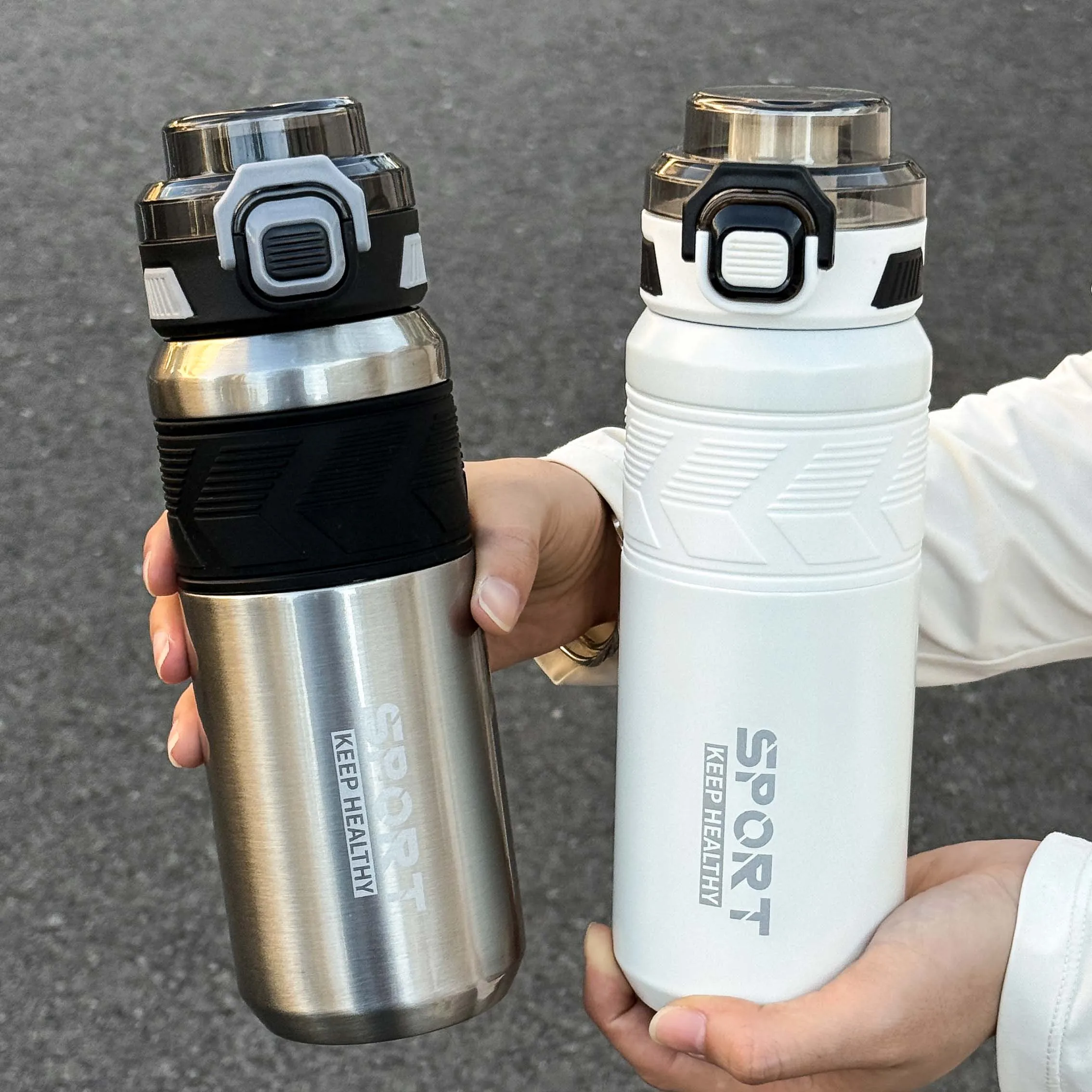 قطعة واحدة من كوب ترمس من الفولاذ المقاوم للصدأ عصري سعة 650 مل، زجاجة مياه حرارية عصرية مزدوجة الشرب، محمولة بمقبض للخارج