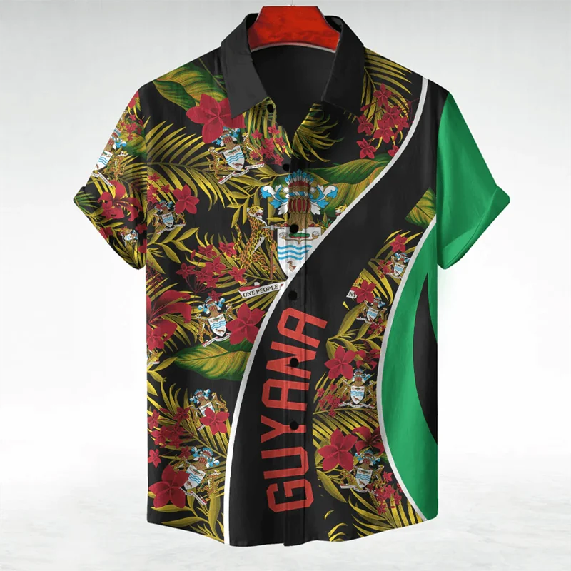 Guyana Flag Map Graphic Shirts For Men Clothes Casual Hawaii Short Sleeve Shirt Guyanese National Emblem Lapel Blouse Tops