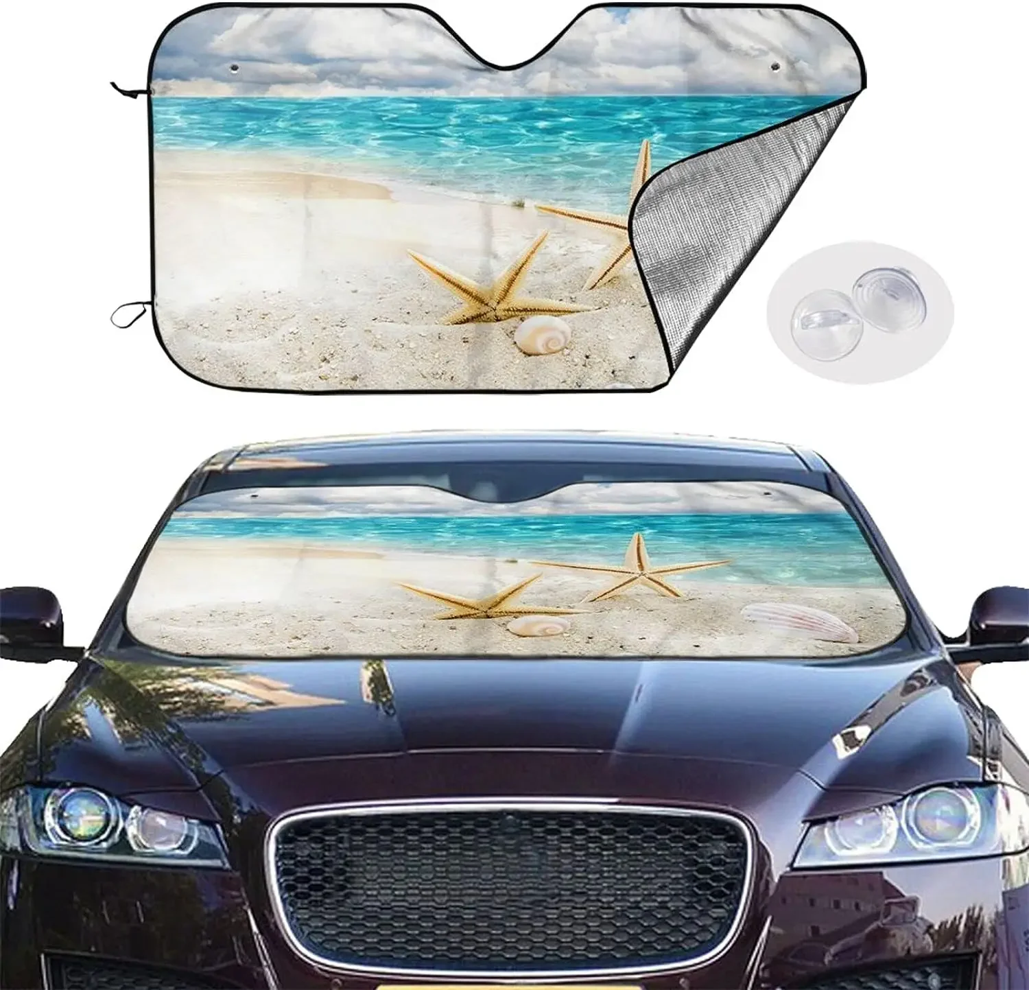 Beautiful Beach Starfish Pattern Sun Shade Front Window Sunshade for Most Sedans SUV Blocks Max Uv Rays Keep Your Vehicle Cool