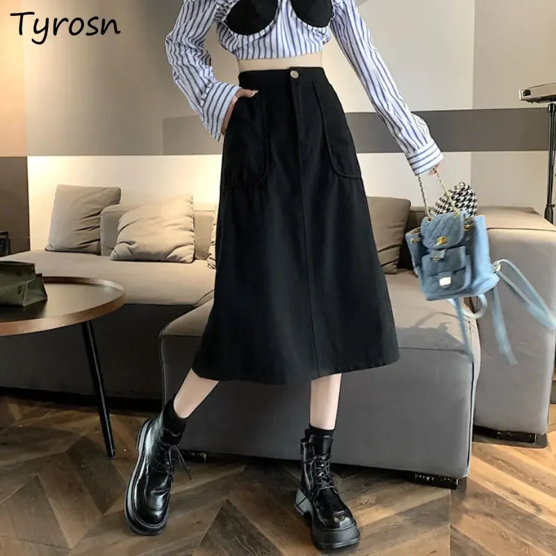 

Skirts Women Solid Elegant High Waist Fashion Simple All-match Leisure A-line Tender Retro Summer Daily Midi Korean Style Cozy