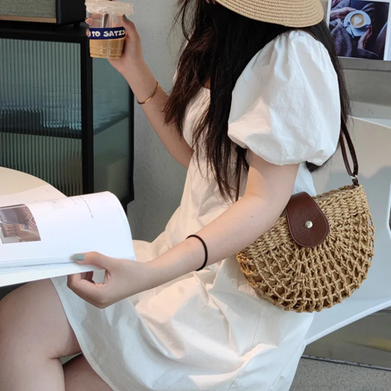 

Summer Straw Bag For Women Fashion Semicircle Crossbody Bags Ladies Rattan Handmade Messenger Handbag Travel Beach Bags Tote New