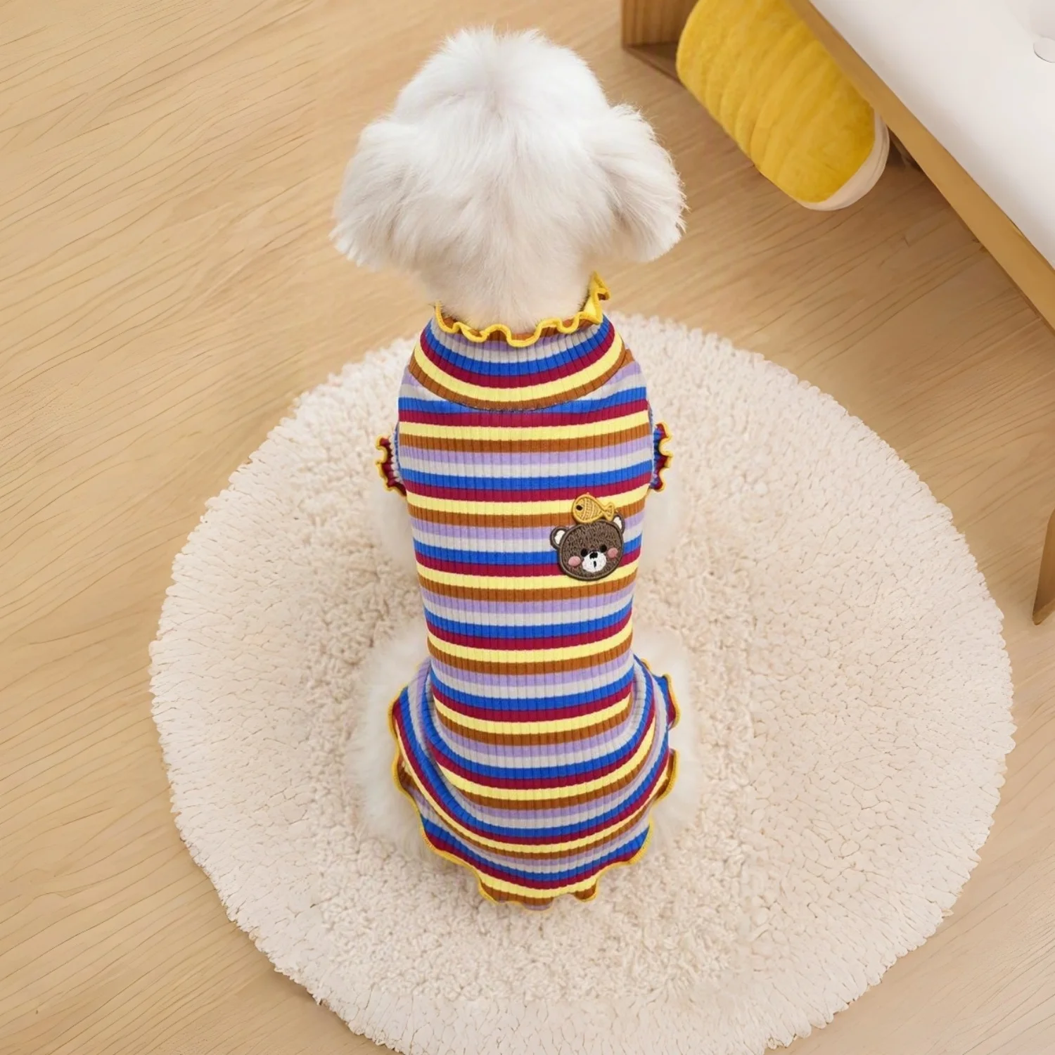 Gestreiftes Strick-Hundehemd mit niedlichem Bärenmotiv, Haustierkleidung, weiches geripptes Welpen-Outfit für Bichon Frise und Teddy. – Detail 3