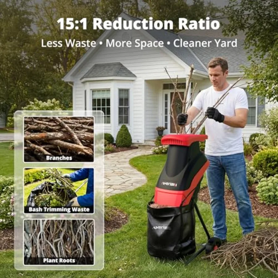 

15-Amp Electric Wood Chipper 4200 RPM Garden Shredder with 1.75" Branch Ccity 50L Collection Bag and 7" Wheels Lightweight Yard