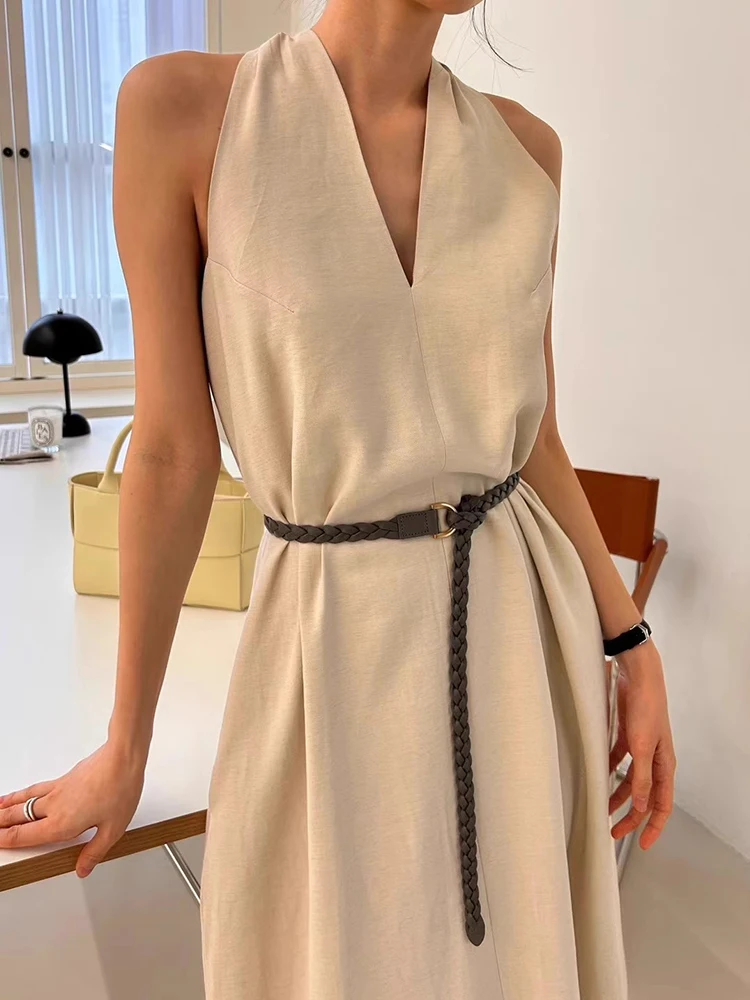 Clothland Women Retro Halter Midi Dress Sleeveless A Line Pink Coffee Vintage Summer Linen Mid Calf Dresses Mujer QD602