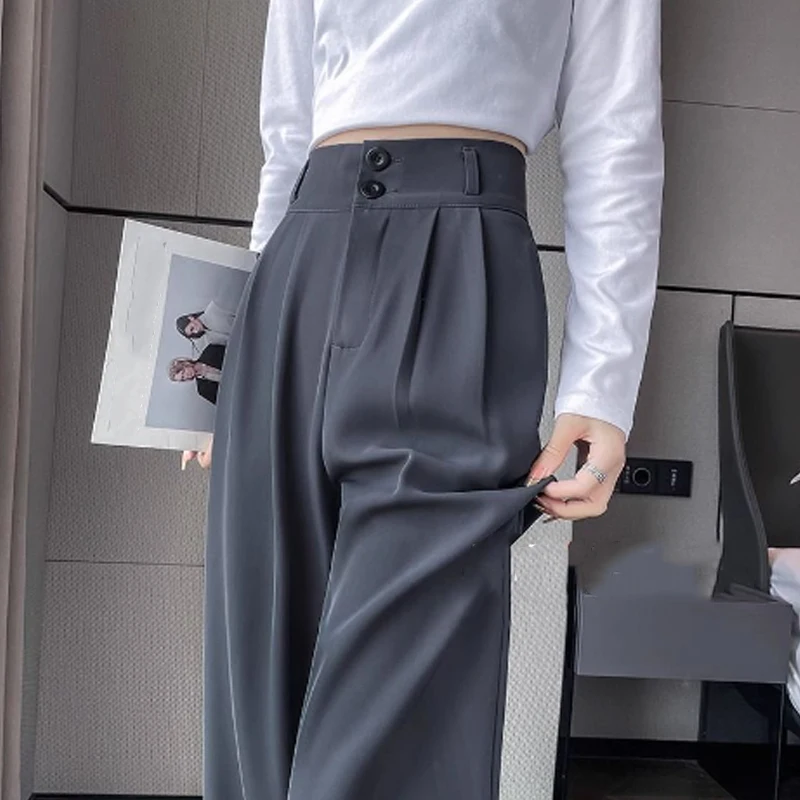 Elegant Spring  Autumn Casual Suit Pants Straight Office Lady Commute Zipper Buttons Pant Women Loose Fashion Korean Trousers