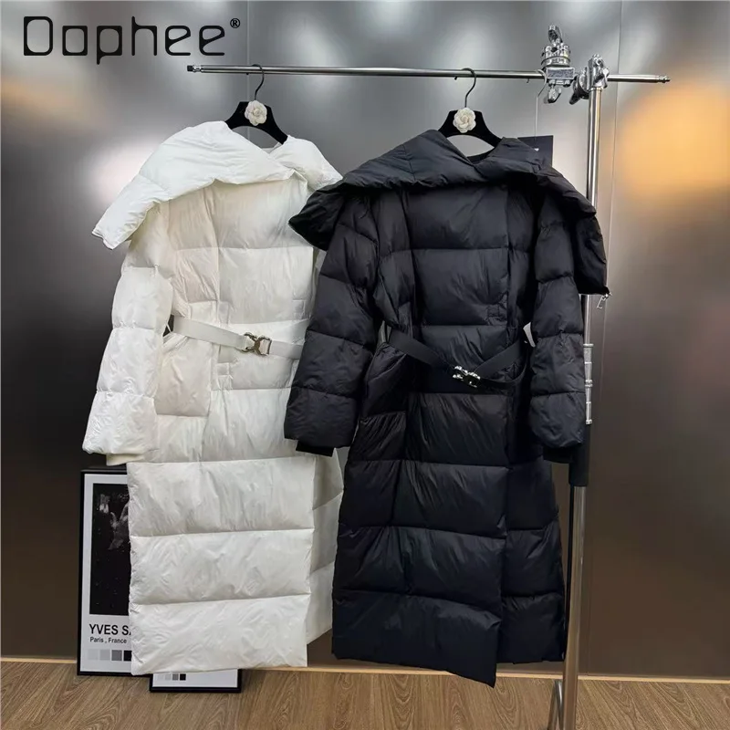 

Осень-зима, длинный утолщенный теплый пуховик в европейском стиле, высококачественный отложной воротник с поясом, тонкое универсальное белое пальто на утином пуху