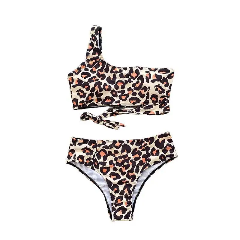 Bikini Swimwear One-Shoulder Tie-Back Separate Tank Top Swimsuit Two-Piece Leopard Print Beachwear for Summer Women Bikinis Set
