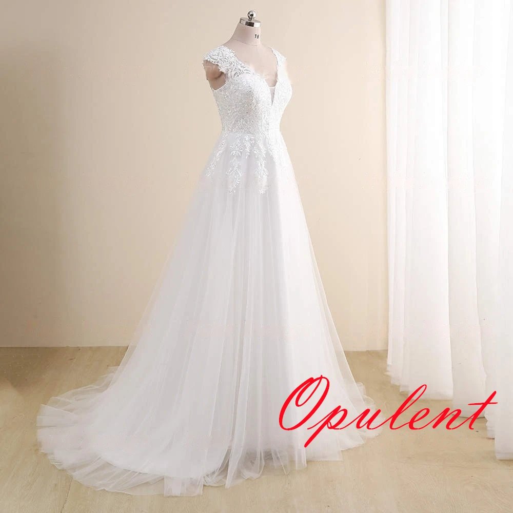 

Customized Temperament White Tulle Wedding Dress High Quality V-neck Cap Sleeve Bridal Gowns Chapel Train Zipper Back Dress
