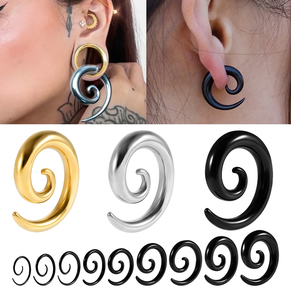 Body Jewelry Ear Plugs - Pair-1PC Stainless Steel Black&Gold&Silver Snail Spiral