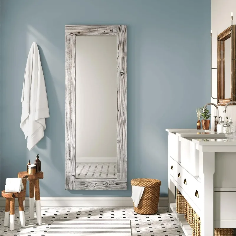 Rustic Farmhouse Full Length Mirror - Wood Frame Floor Standing Bedroom Mirror (64" x 24" / White)