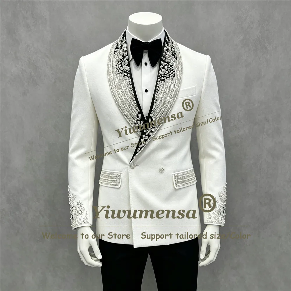 Luxury Beaded Stones Suits Men For Wedding Black Shawl Laepl Groom Prom Blazers Customized 2 Pieces Sets Man Banquet Attrires