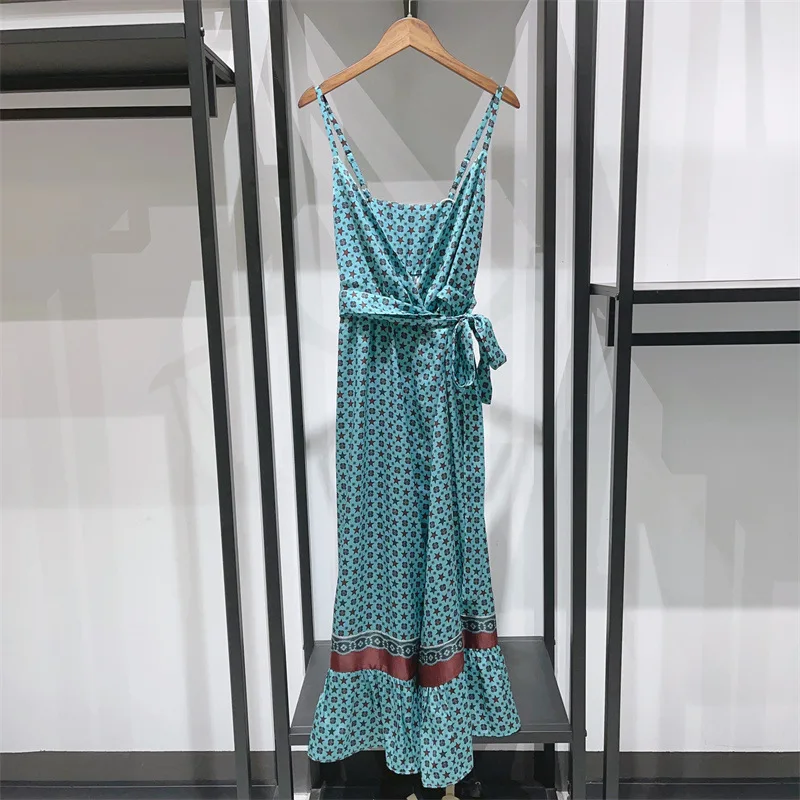 เดรสผ้าซาตินพิมพ์ลายเซ็กซี่ สายเดี่ยว แต่งโบว์และขอบลูกไม้ สไตล์วินเทจ ความยาวปานกลาง สำหรับผู้หญิง ฤดูร้อน 2023