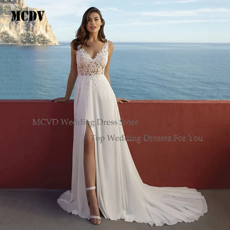 

MCDV 2025 Sexy V Neck Wedding Dresses High Slit ChiffonElegant Brides Dresses Open Back IllusionSleeveless Bridal GownCustomized