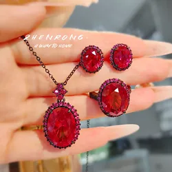 New Diablo Series Pigeon Blood Red Corundum Jewelry Sets Personality Black Gold Color Rings Pendant Necklaces Earrings For Women