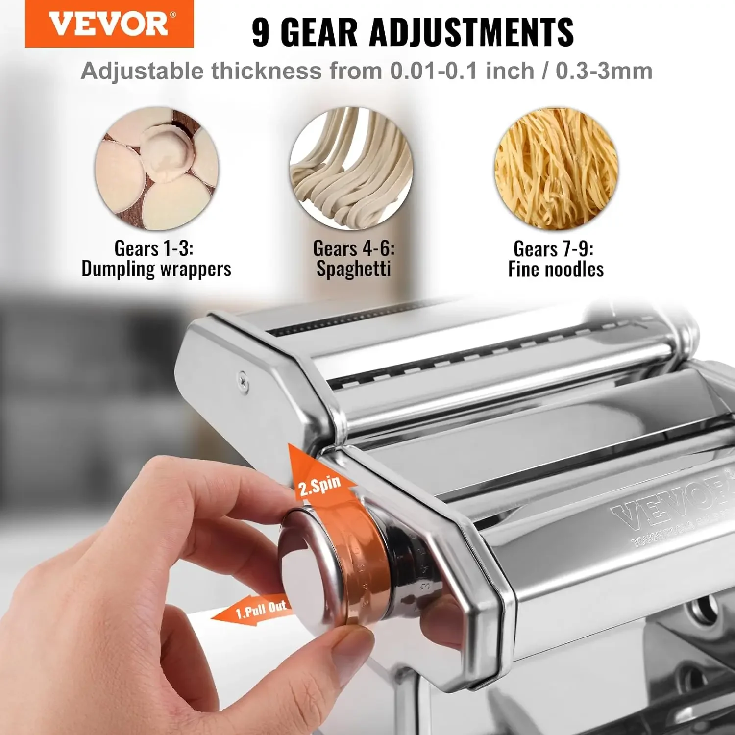 Pasta Maker Machine, 9 Adjustable Thickness Settings Noodles Maker, Stainless Steel Noodle Rollers and Cutter, Manual Hand Press