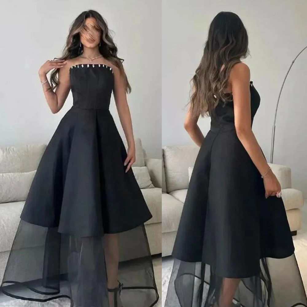 

A-line Sleeveless Prom Gown Strapless Sexy Backless Black Evening Dresses Temperament Formal Party Dress فساتين سهرة فخمه