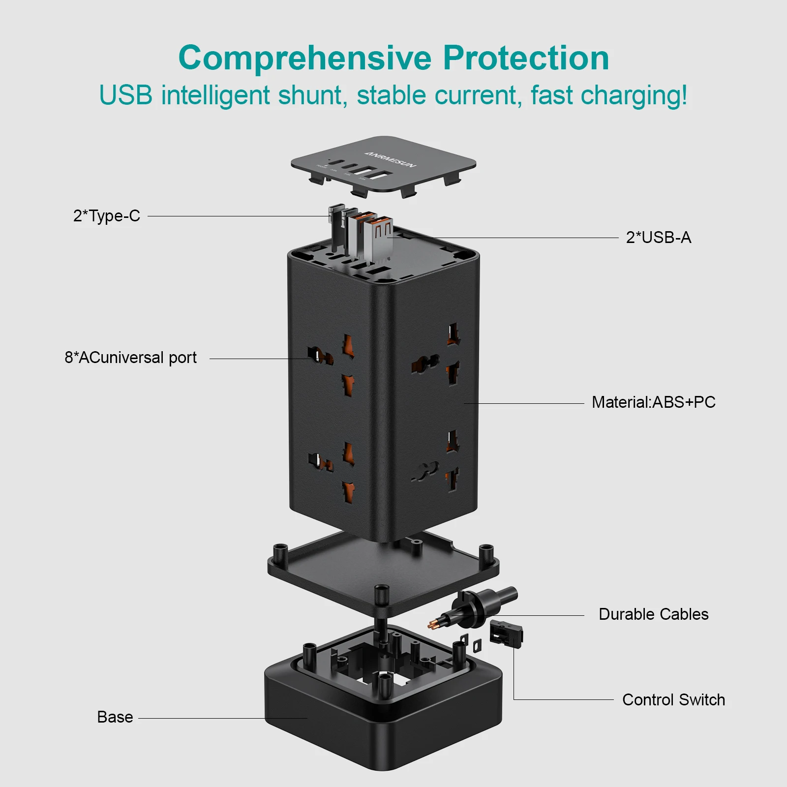 Tower Power Strip EU Plug Surge Protection 2 USB 2 Type C PD 20W Fast Charging Universal Multi Outlets Socket Extension