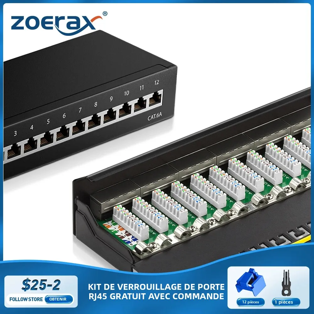 ZoeRax Panneau de brassage CAT6a 10 Gbit/s 8/12 ports 1U blindé pour montage sur bureau et mural, pour câble d'installation réseau LAN avec prise RJ45