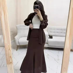 Muslim Women Skirt Sets Blouse 2 Piece Suit Shirts Tops Long Skirts Single Breasted Morocco Dubai Ensemble Arabic Casual Outfits