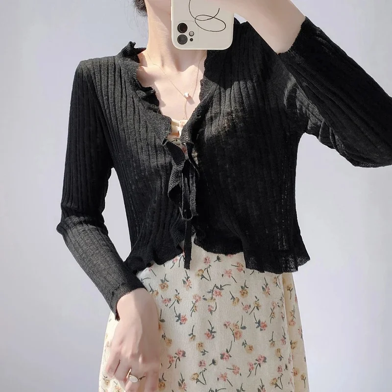 Ruffled Trim Tie Front Long Sleeve Crop Top Women Ribbed Knit Cardigan Sweater Shrug Top Summer Teen-girl Fairycore Outfit