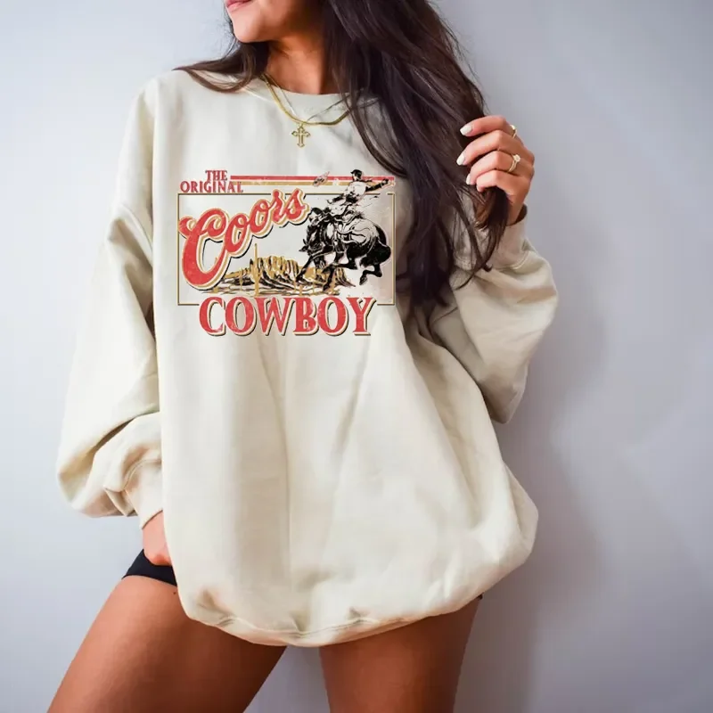 Autumn Vintage Style Cowboy Printing Crewneck Sweatshirt Unisex Loose Cotton Thick Warm Women Pullovers Casual Western Tops