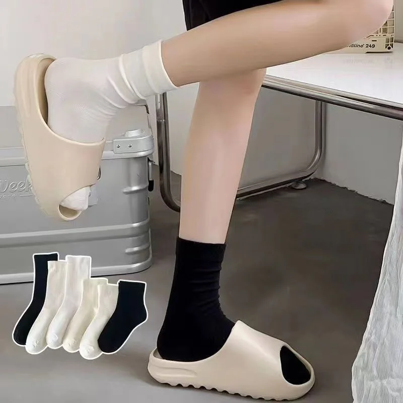 

Носки женские хлопковые средней длины, трикотажные свободные длинные однотонные повседневные короткие дышащие, черные белые, 2 пары, летние