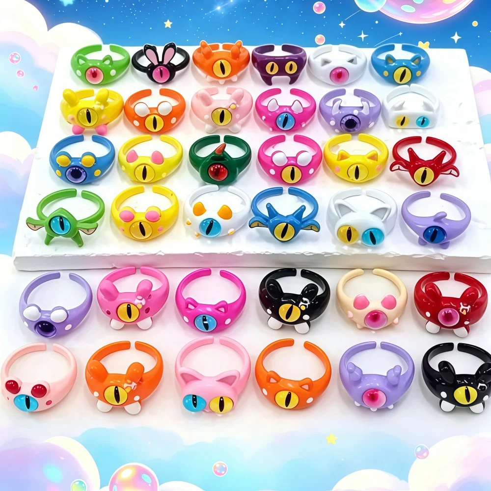 10/20/30Pcs/Lot Fashion Cute Cartoon Monster Plush Eye Open Rings Romantic Women Mix Style Jewelry Party Gifts Daily Accessories
