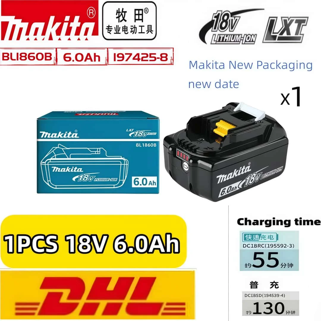 6Ah 100% Original Makita 18V Akku BL1860B Wiederaufladbarer Lithium-Ionen-Akku für Makita 18V Elektrowerkzeuge. Ersetzt den Original-Akku.