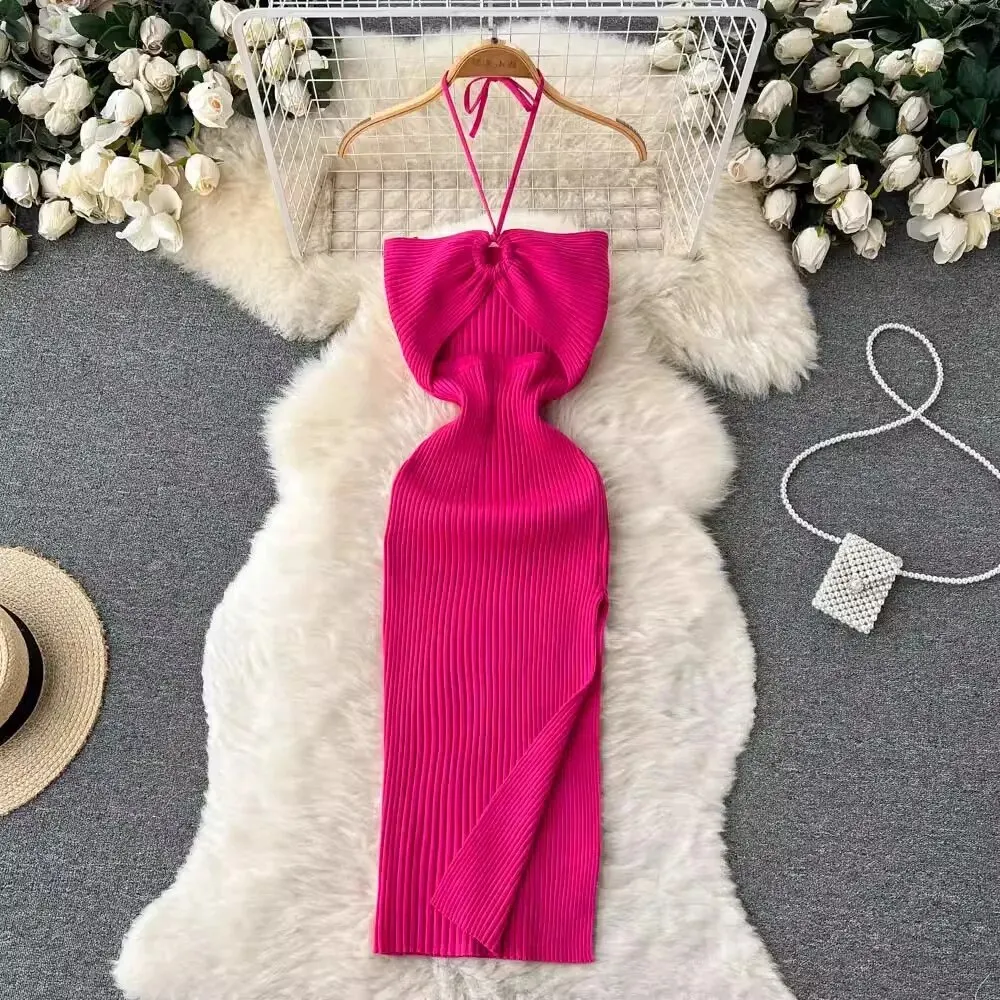 Kleider für Frauen Sexy Paket Hüften Hohe Split Bodycon Party Kleid Sommer Rippen Stricken Strand Vestidos Urlaub Partwear
