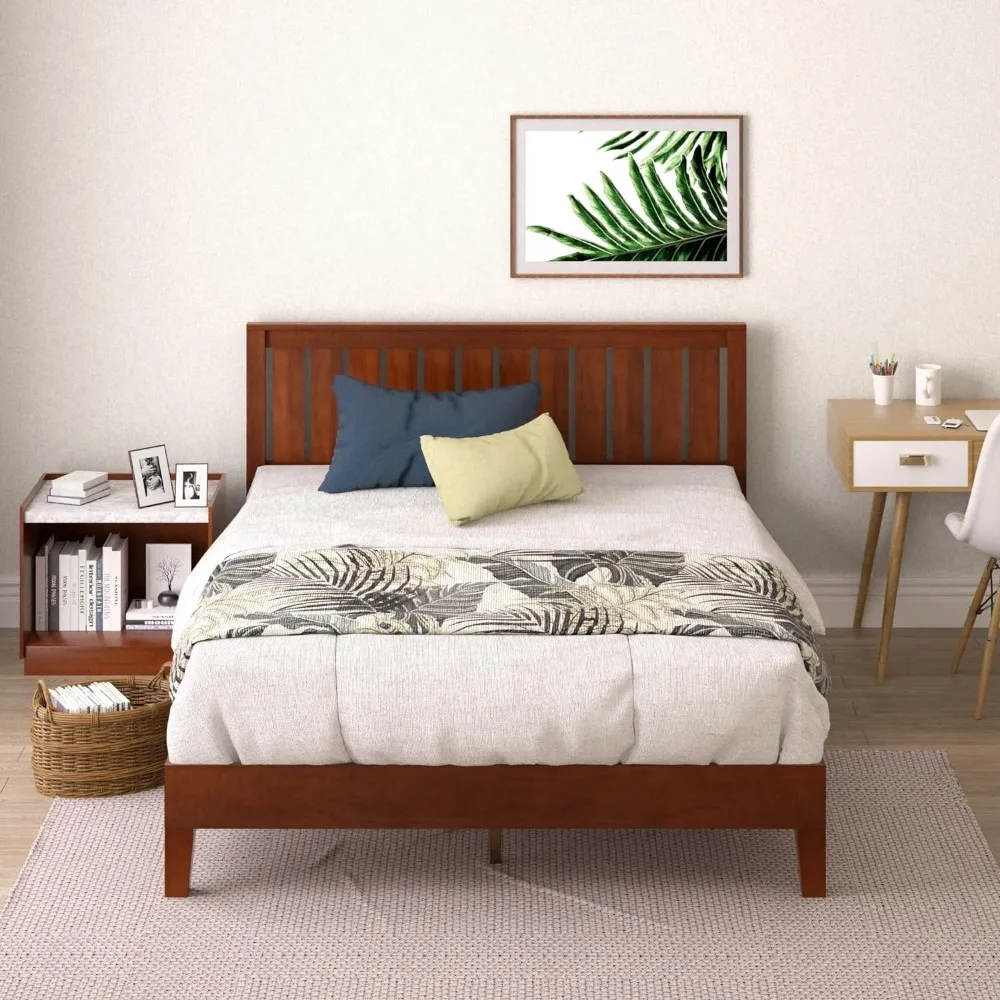 Vivek Deluxe Wood Platform Bed Frame with Headboard / Wooden Slat Support / No Box Spring Needed / Easy Assembly, Queen