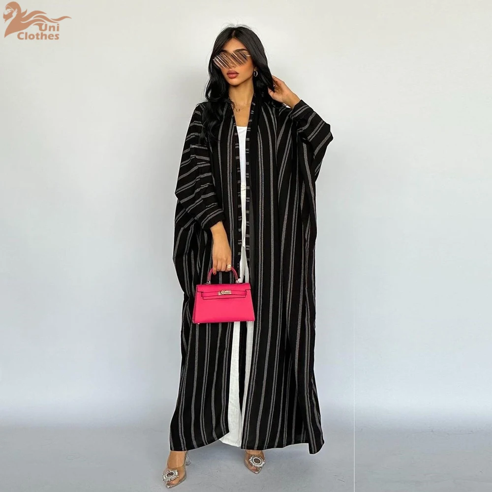 Eid Black Stripe Open Kimono Abaya Dubai Muslim Kaftan Dress Islam Prayer Clothes Abayas For Women Robe Femme Musulmane Caftan