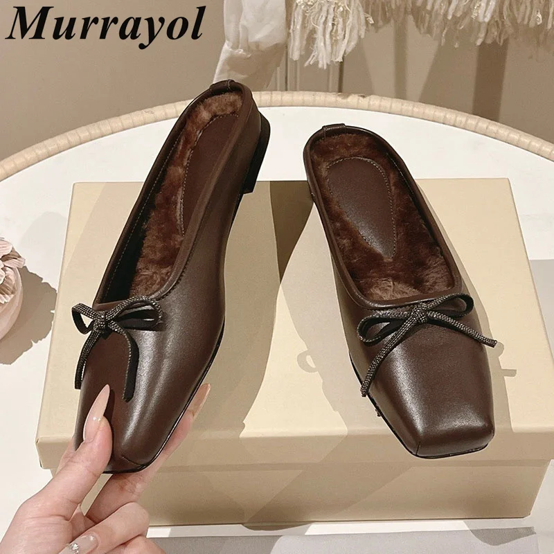 Lazy Mules Women Real Leather Closed Toe Bow-Knot Decor Flat Half Slippers Ladies Autumn Winter Outdoor Vacation Walking Shoes view 4