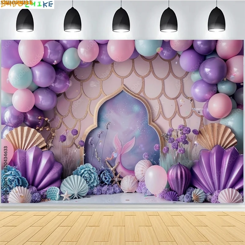 

Children Baby Birthday Digital Photography Backdrops Prop Mermaid Vibrant Balloons Rainbow Clouds Photo Studio Background AO-07