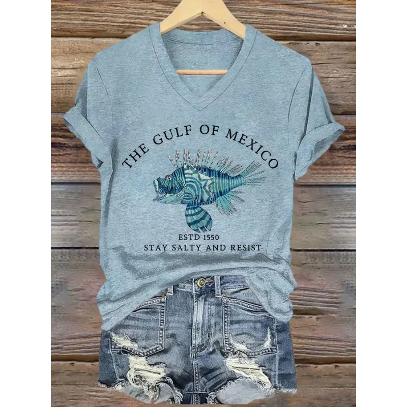 Women's Gulf Of Mexico Print T-Shirts Summer Beach Casual Tops Short Sleeve V Neck T Shirt