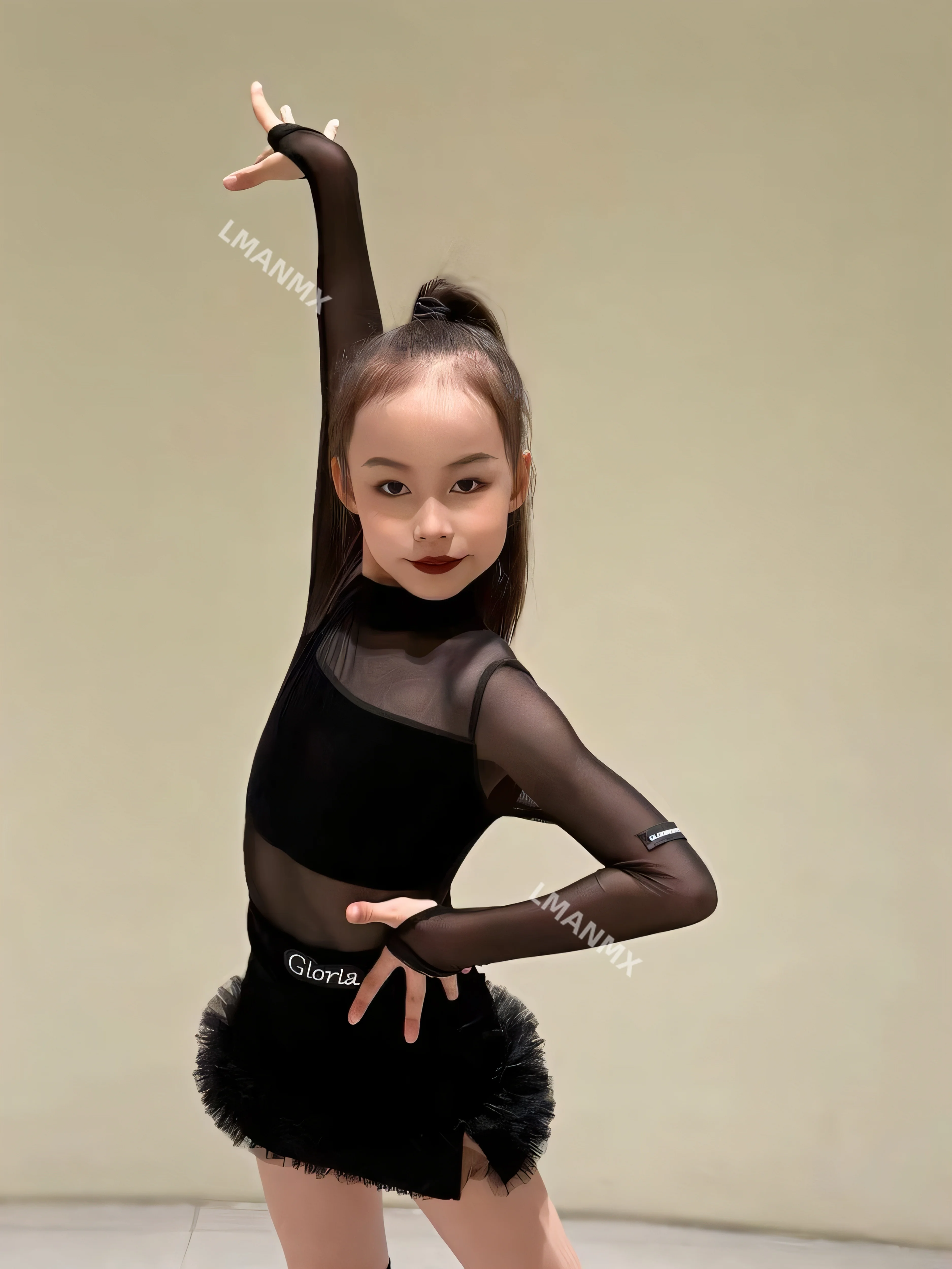 Strój do tańca latynoamerykańskiego dla dziewcząt i dzieci, nowy top z siateczkowymi rękawami, dopasowana spódnica do połowy uda, strój do ćwiczeń i występów.