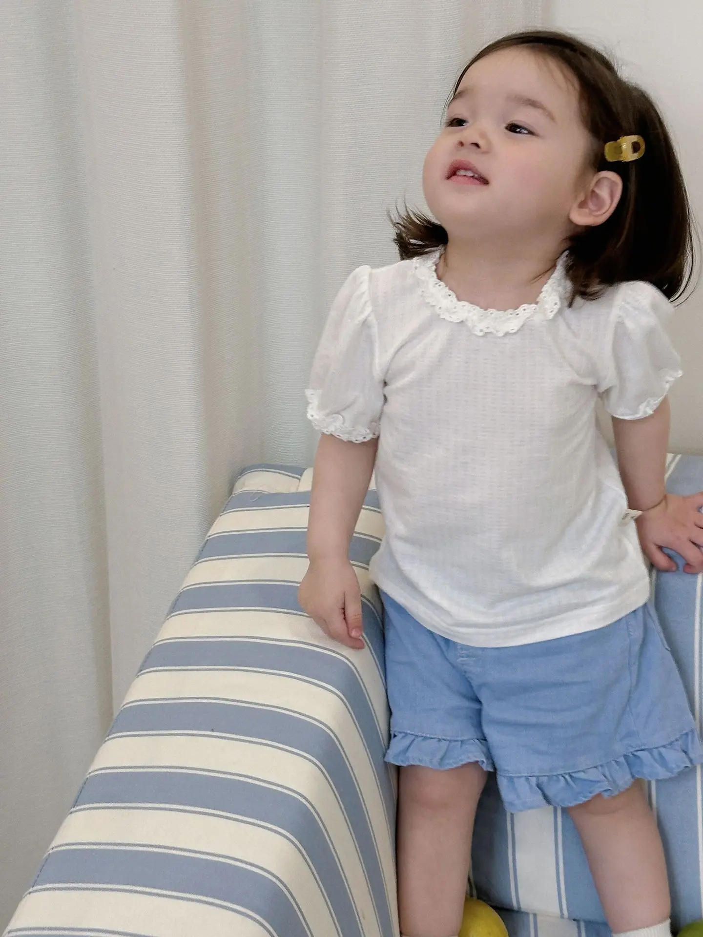 

2024 Summer New Children Thin Breath Solid Puff Sleeve T-shirt Girl Infant Cotton Casual Tops Newborn Looes Ruffle Denim Shorts