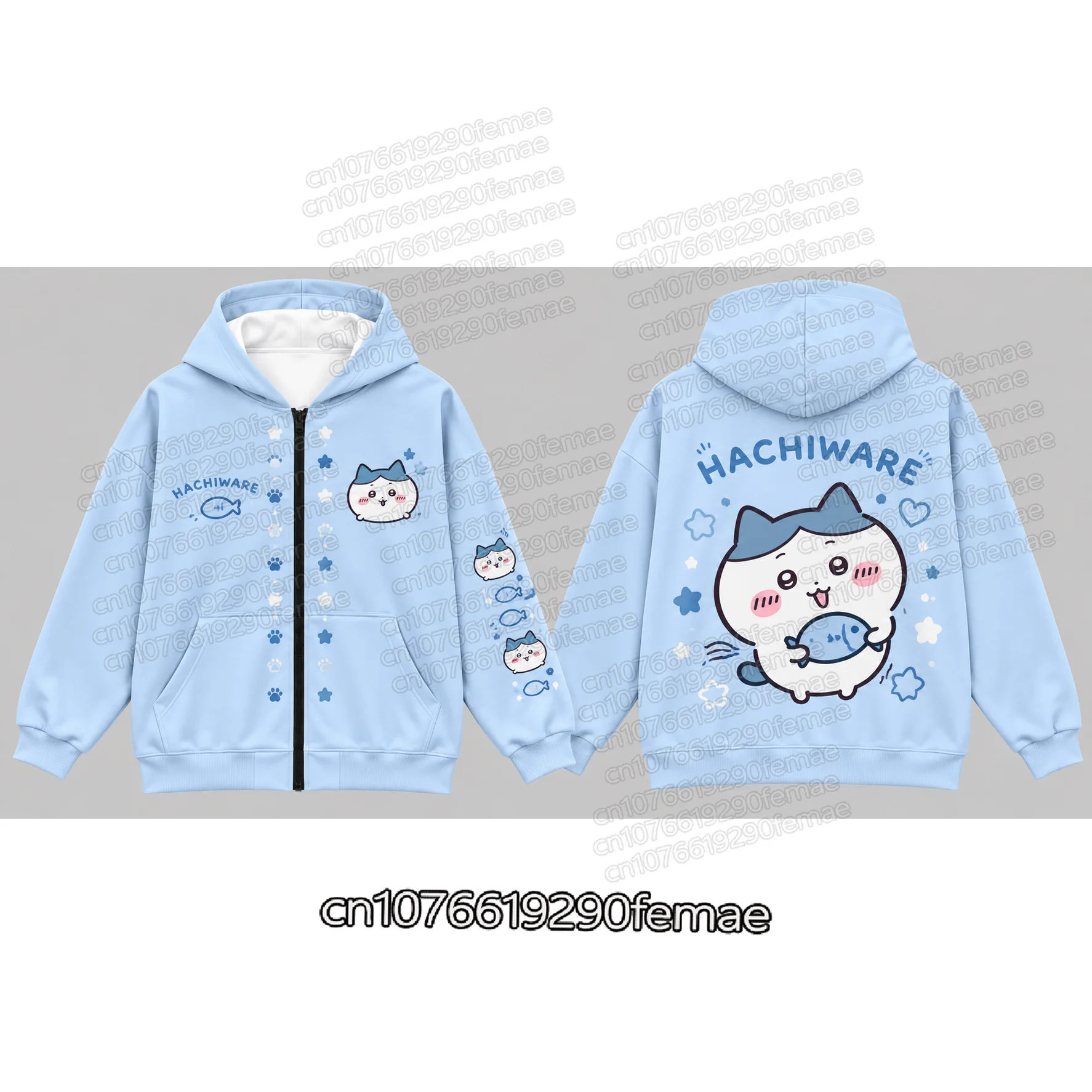 Hachiware Chiikawa Blue Zip Up Hoodie Cute Cat Holding Fish Print Boys Girls Cosplay Sweatshirt Spring Fall Jacket Anime Merch view 5