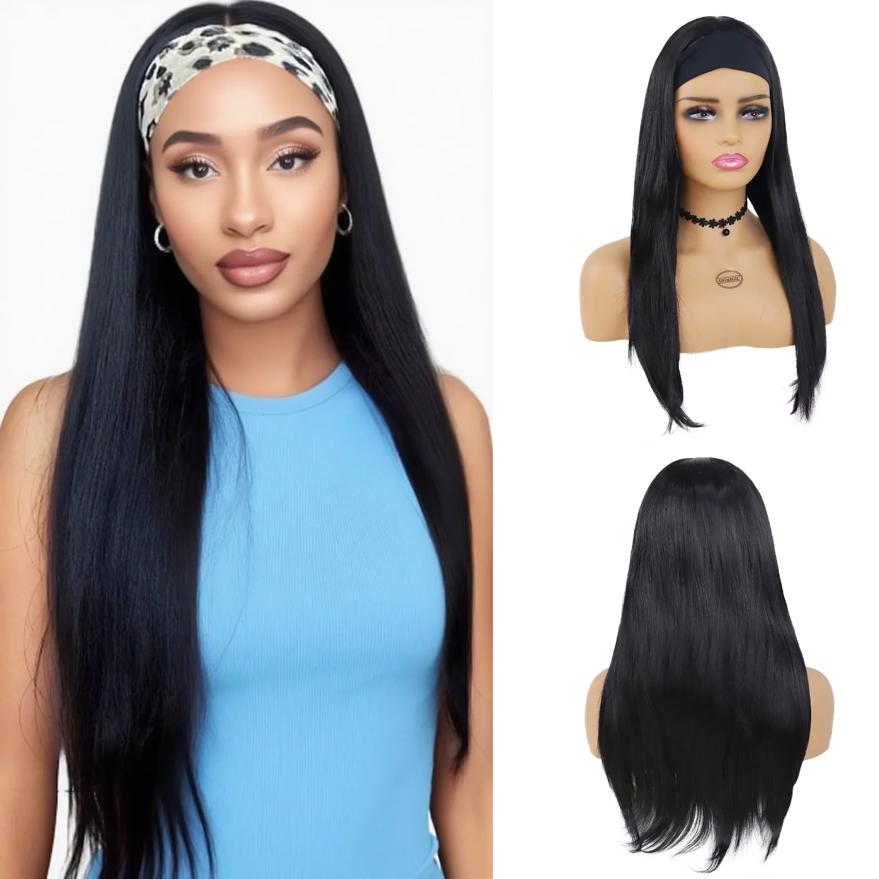 

Синтетический женский парик с повязкой на голову, длинные черные парики для женщин, женский натуральный прямой парик с шарфом, повседневный косплей, вечерние, термостойкий